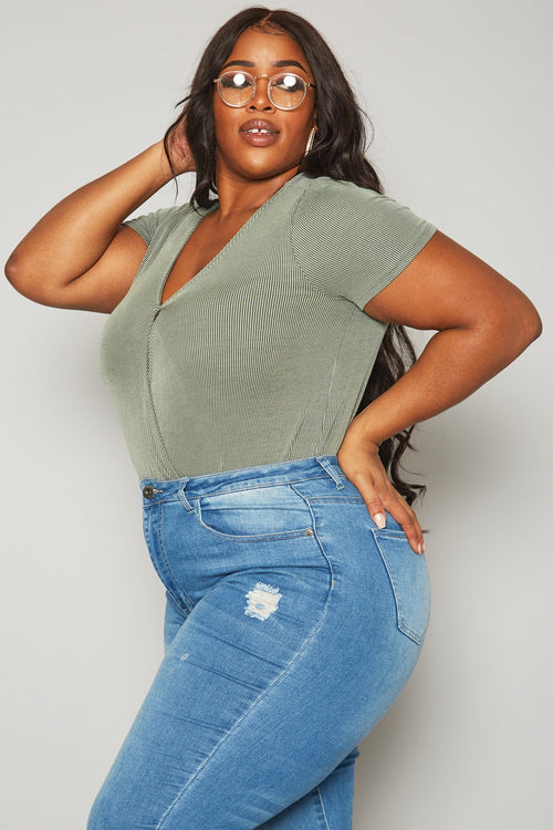 Plus Size Women's Ribbed V Neck Short Sleeve Bodysuit