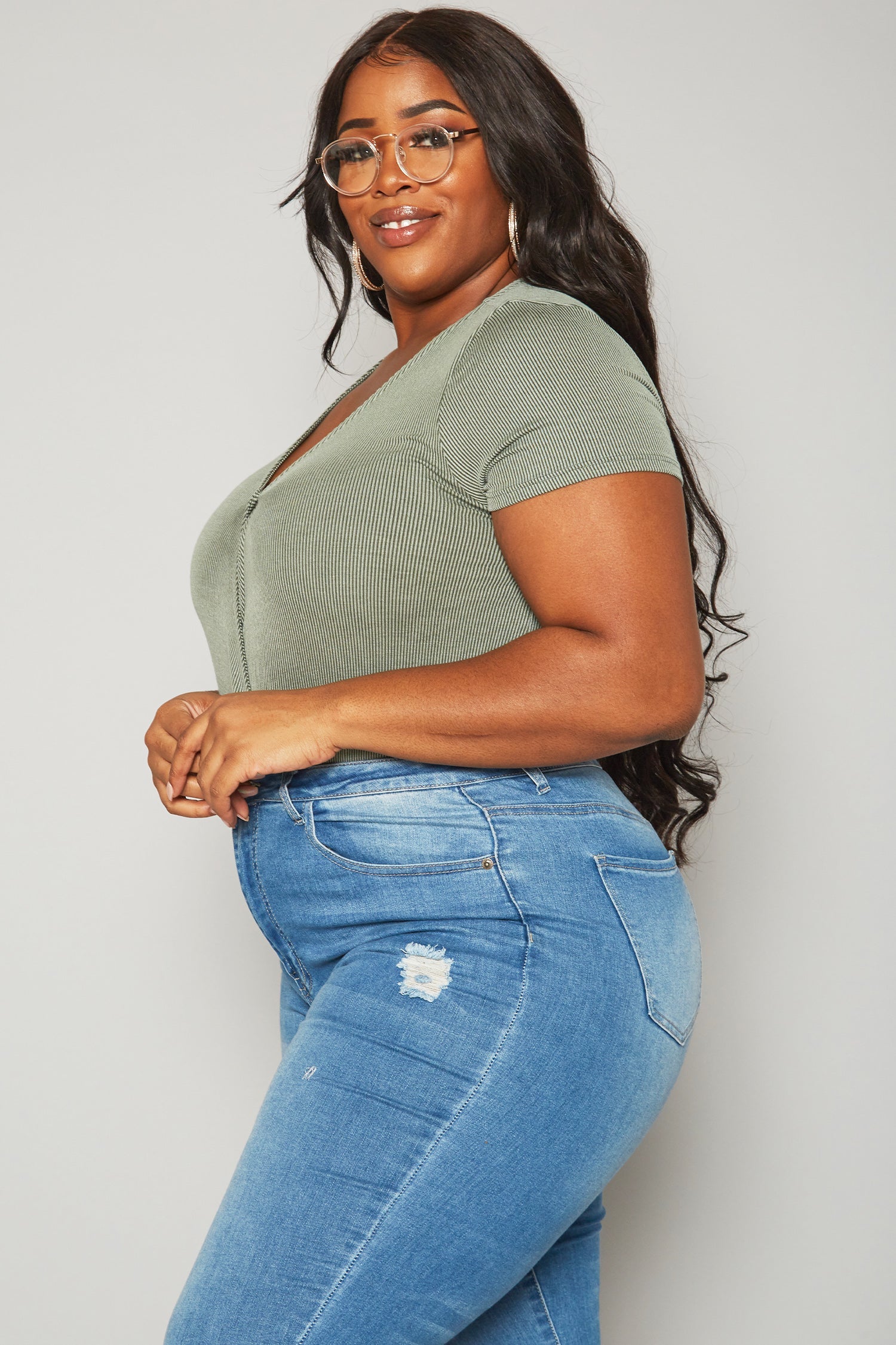 Plus Size Women's Ribbed V Neck Short Sleeve Bodysuit