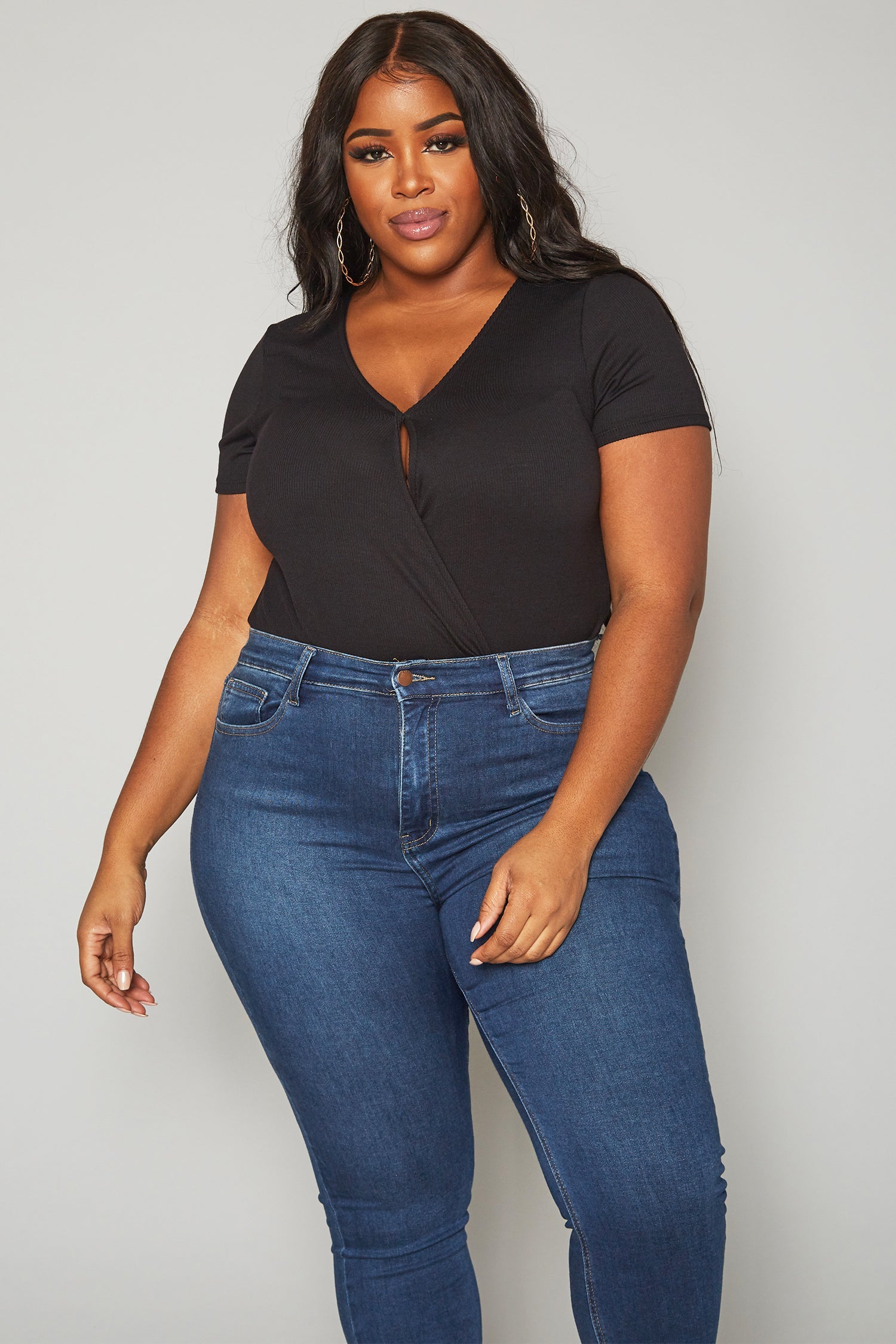 Plus Size Women's Ribbed V Neck Short Sleeve Bodysuit
