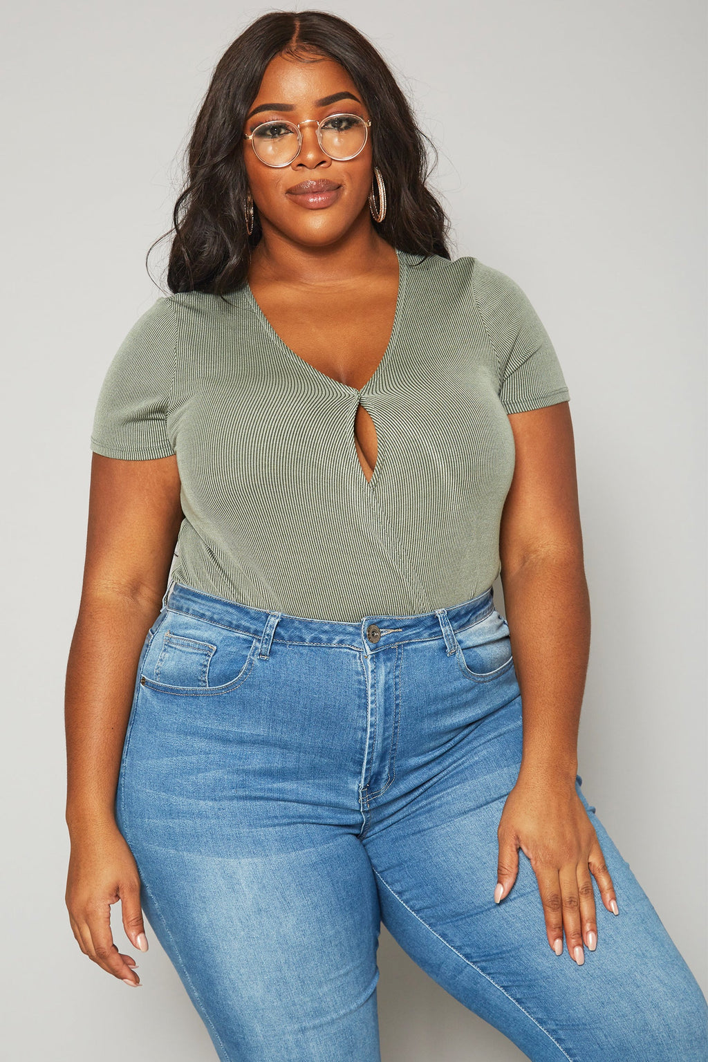 Plus Size Women's Ribbed V Neck Short Sleeve Bodysuit