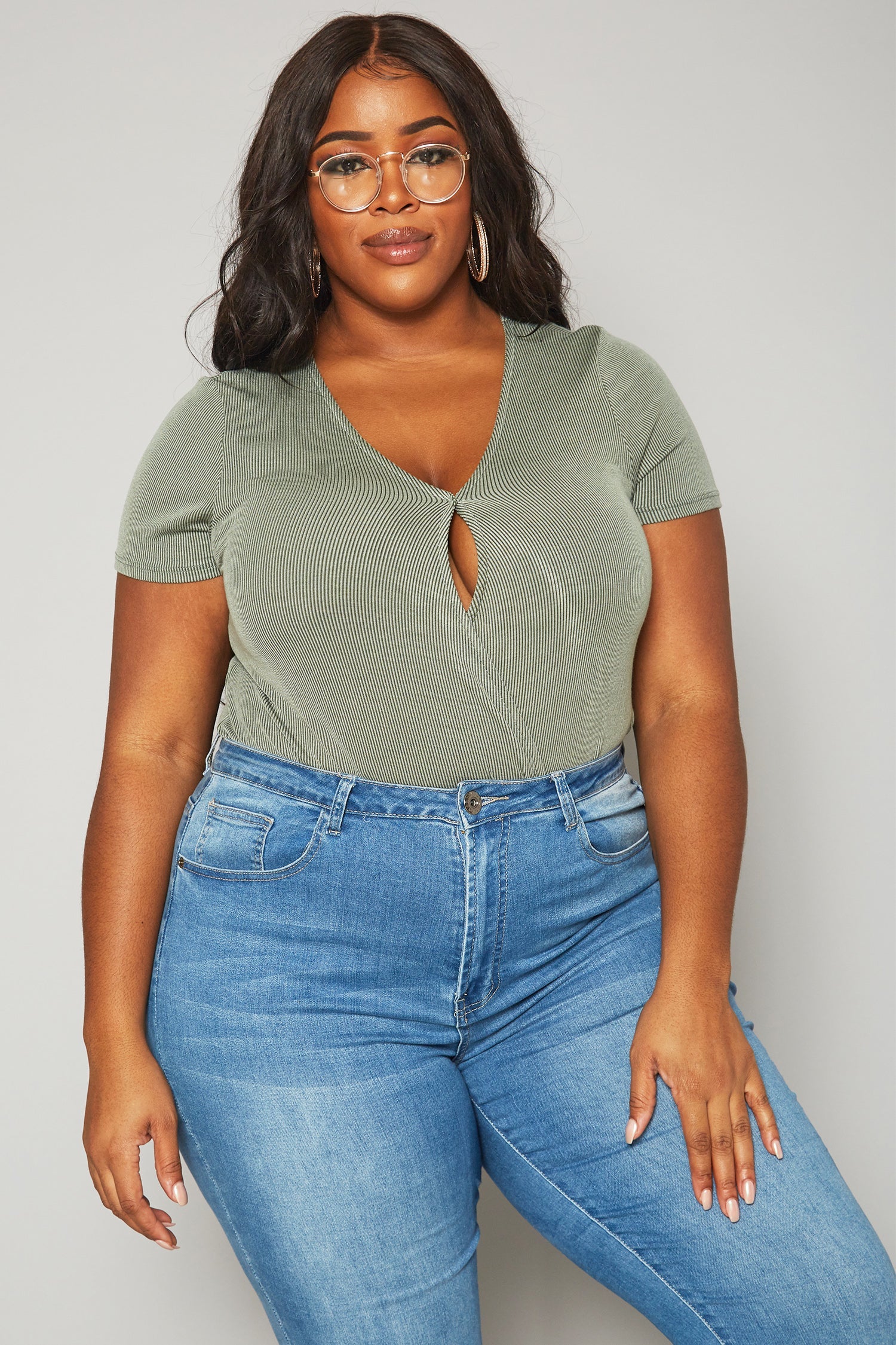 Plus Size Women's Ribbed V Neck Short Sleeve Bodysuit