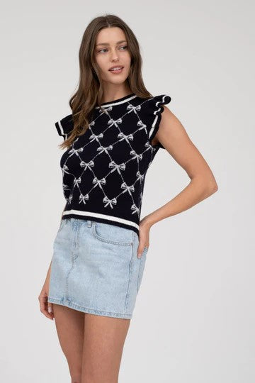 BOW PATTERN RUFFLE SLEEVE SWEATER KNIT TOP
