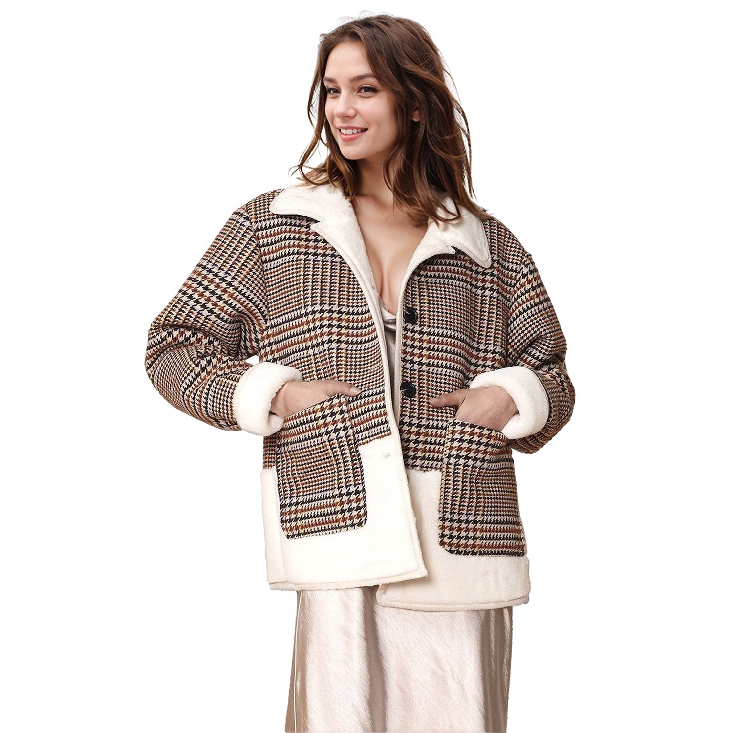 Women's Plaid Fur Jacket in Rust Houndstooth