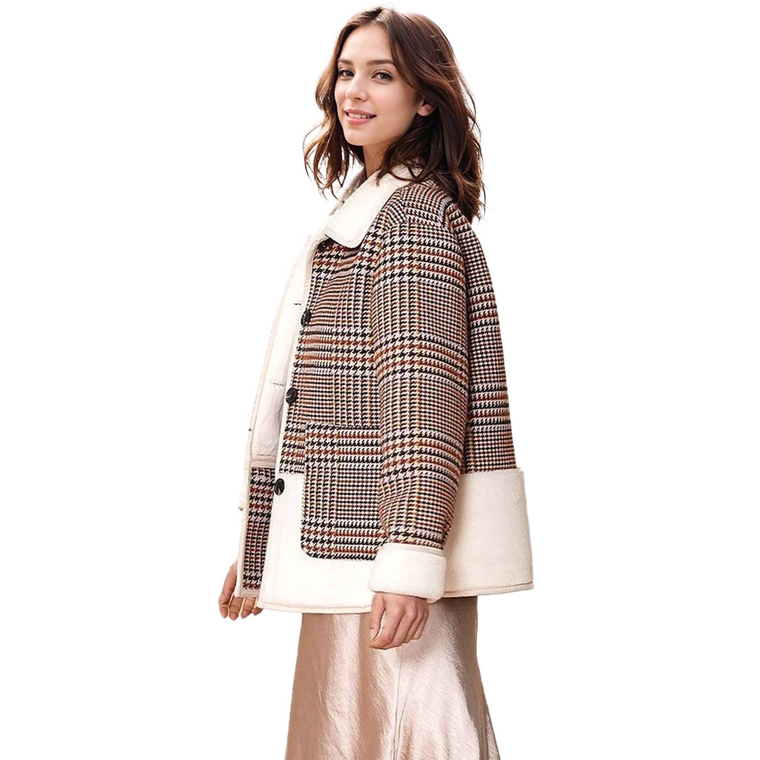 Women's Plaid Fur Jacket in Rust Houndstooth