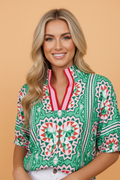 Boho Abstract Contrast Stripe Collared V-Neck Blouse