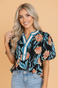 Floral Bubble Sleeve Buttoned Notch Neck Blouse