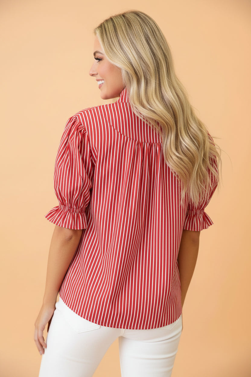 Stripe Ruffle Puff Sleeve Button Front Blouse