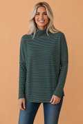 Stripe High Neck Drop Shoulder Long Sleeve Top