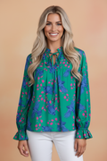 Abstract Floral Bird V-Neck Flounced Puff Sleeve Blouse