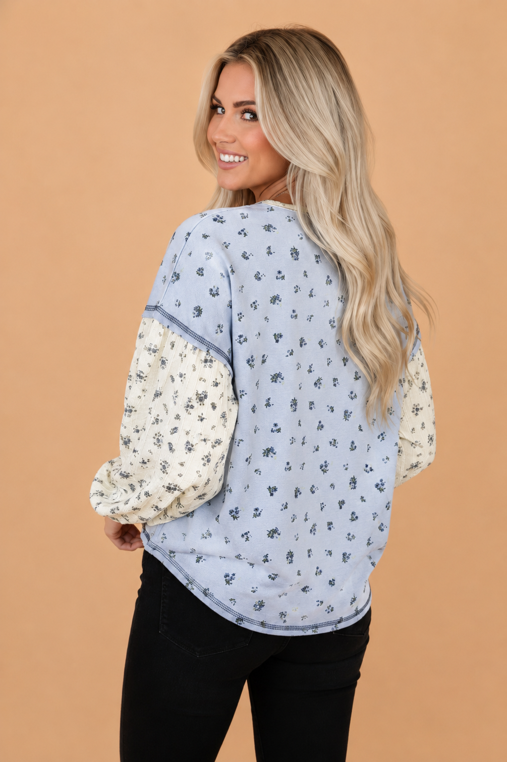 Floral Patchwork Textured Knit Long Sleeve Henley Top