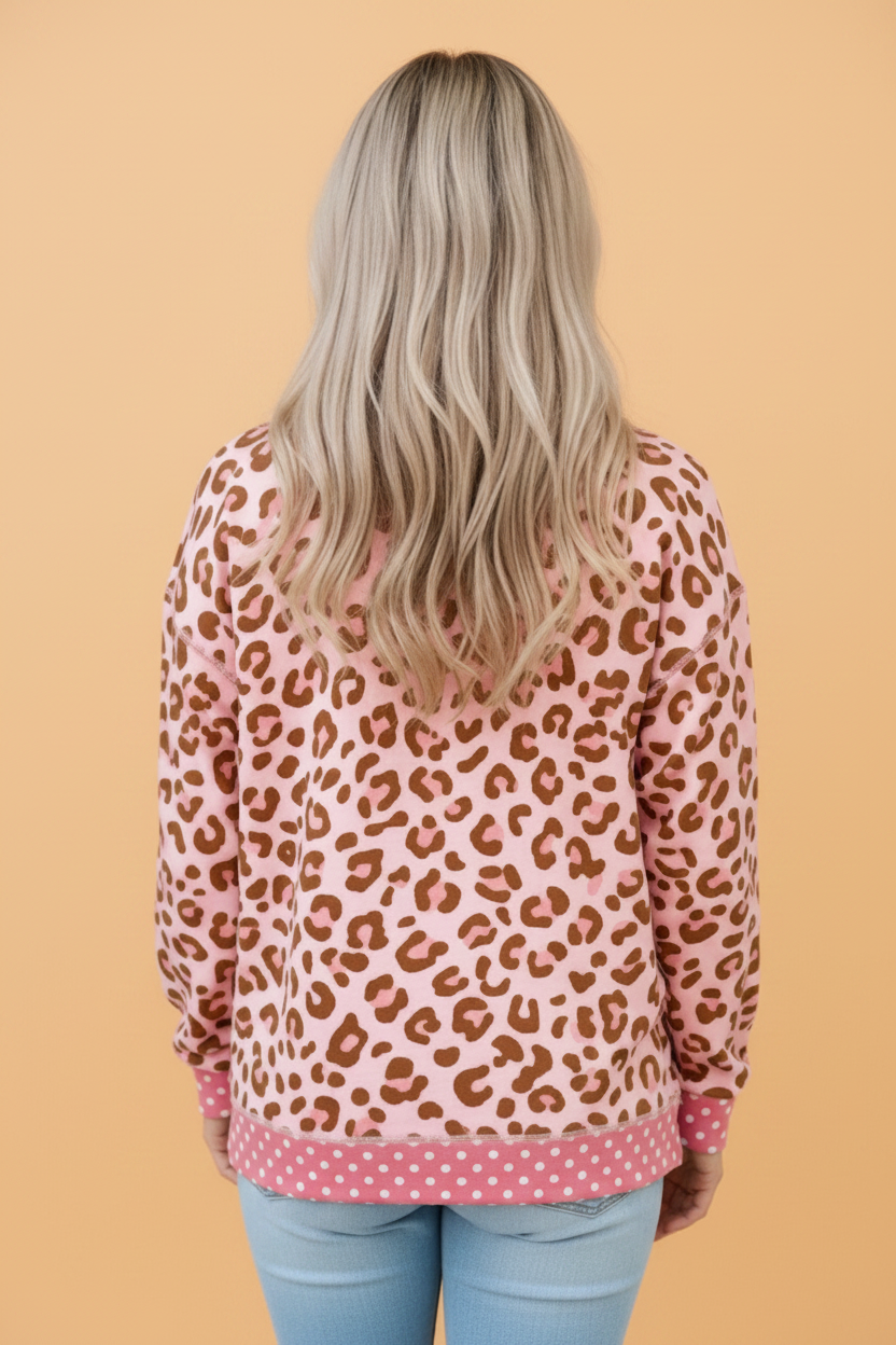 Leopard Polka Dot Colorblock Trim Long Sleeve Top