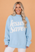 Jesus Saves Graphic Print Mock Neck Sweatshirt