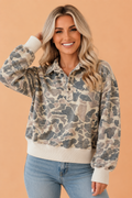 Camo Ribbed Contrast Trim Buttoned Collar Sweatshirt