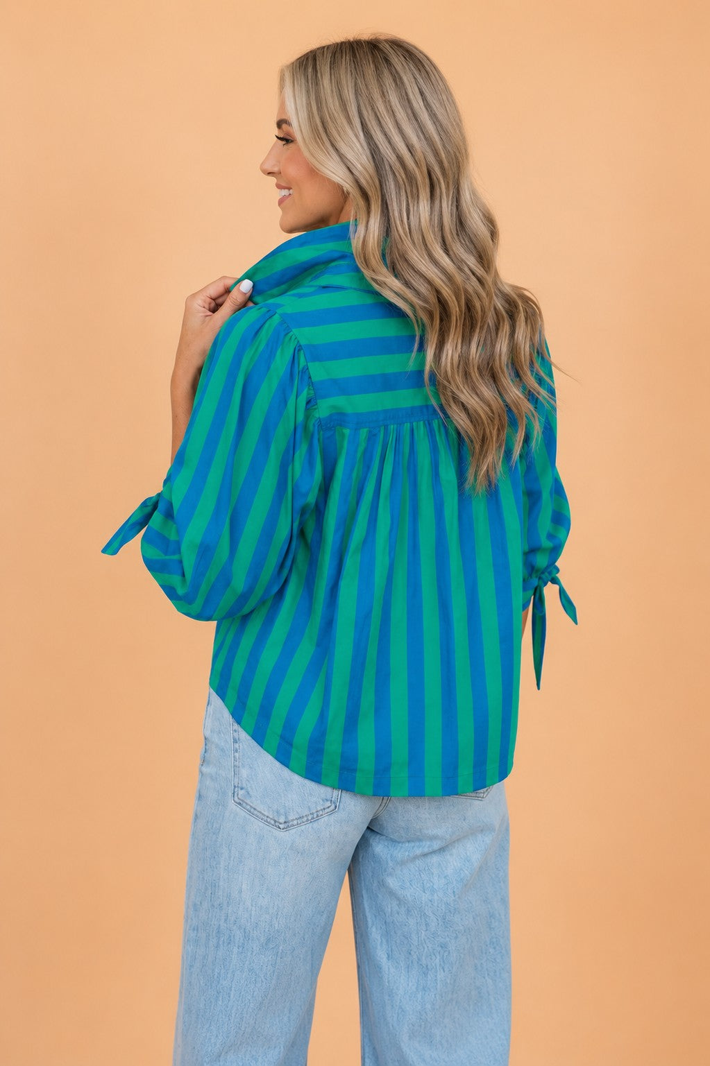 Stripe Tie Puff Sleeve Button Down Shirt