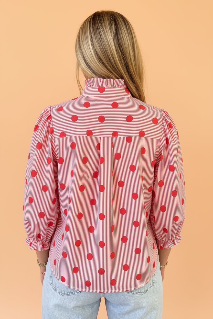 Polka Dot Stripe Ruffle 3/4 Sleeve Buttoned Shirt