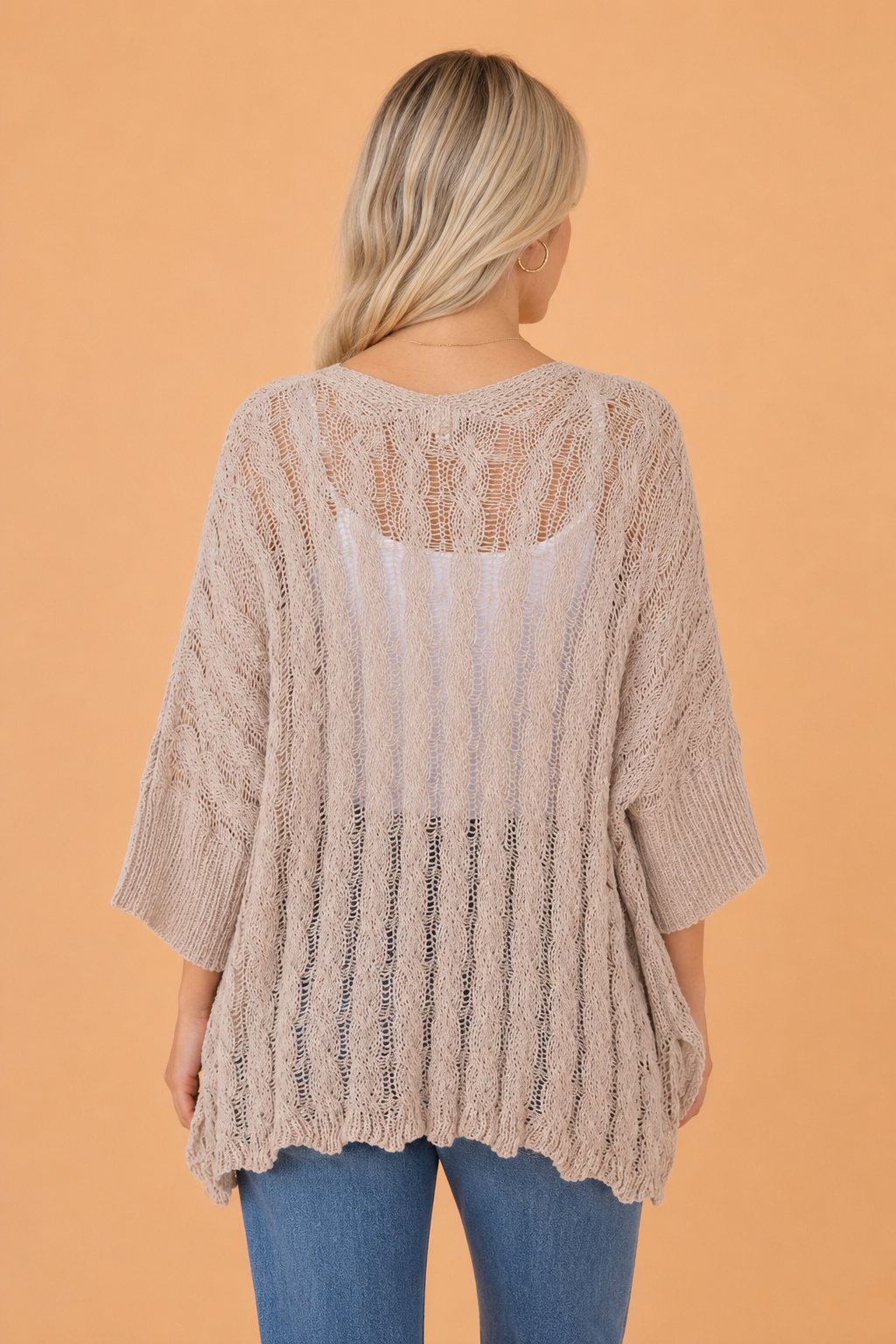 Solid Hollowed Knit Drop Shoulder Open Cardigan
