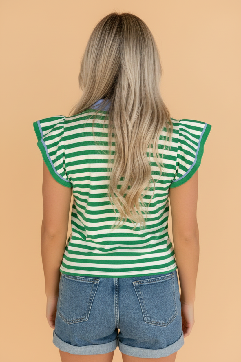 Stripe Contrast Trim Polo Collar Ruffle Sleeve Blouse