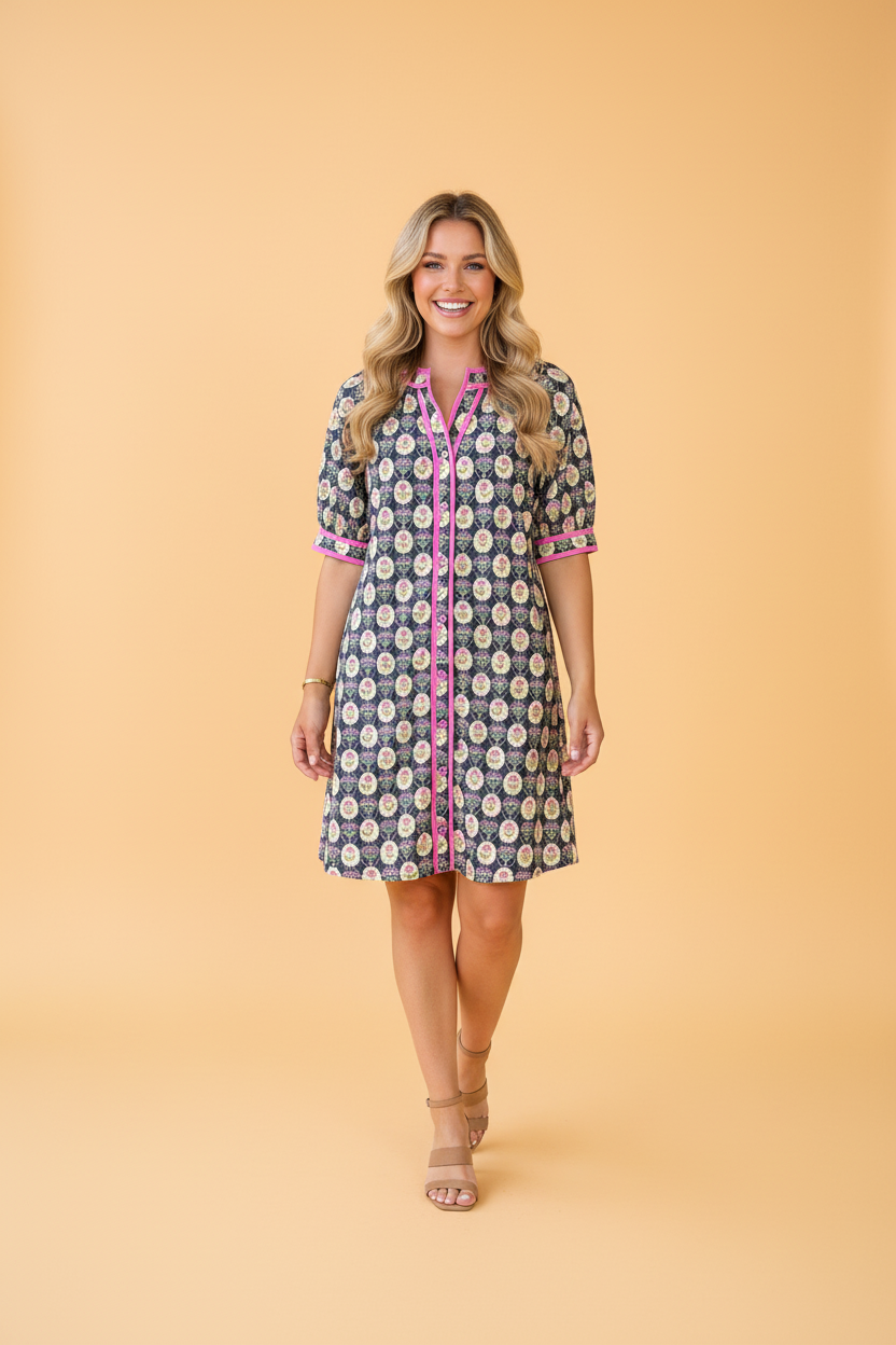 Floral Stripe Trim Short Sleeve Shift Dress