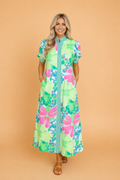 Floral Stripe Trim Button Down Vacation Dress