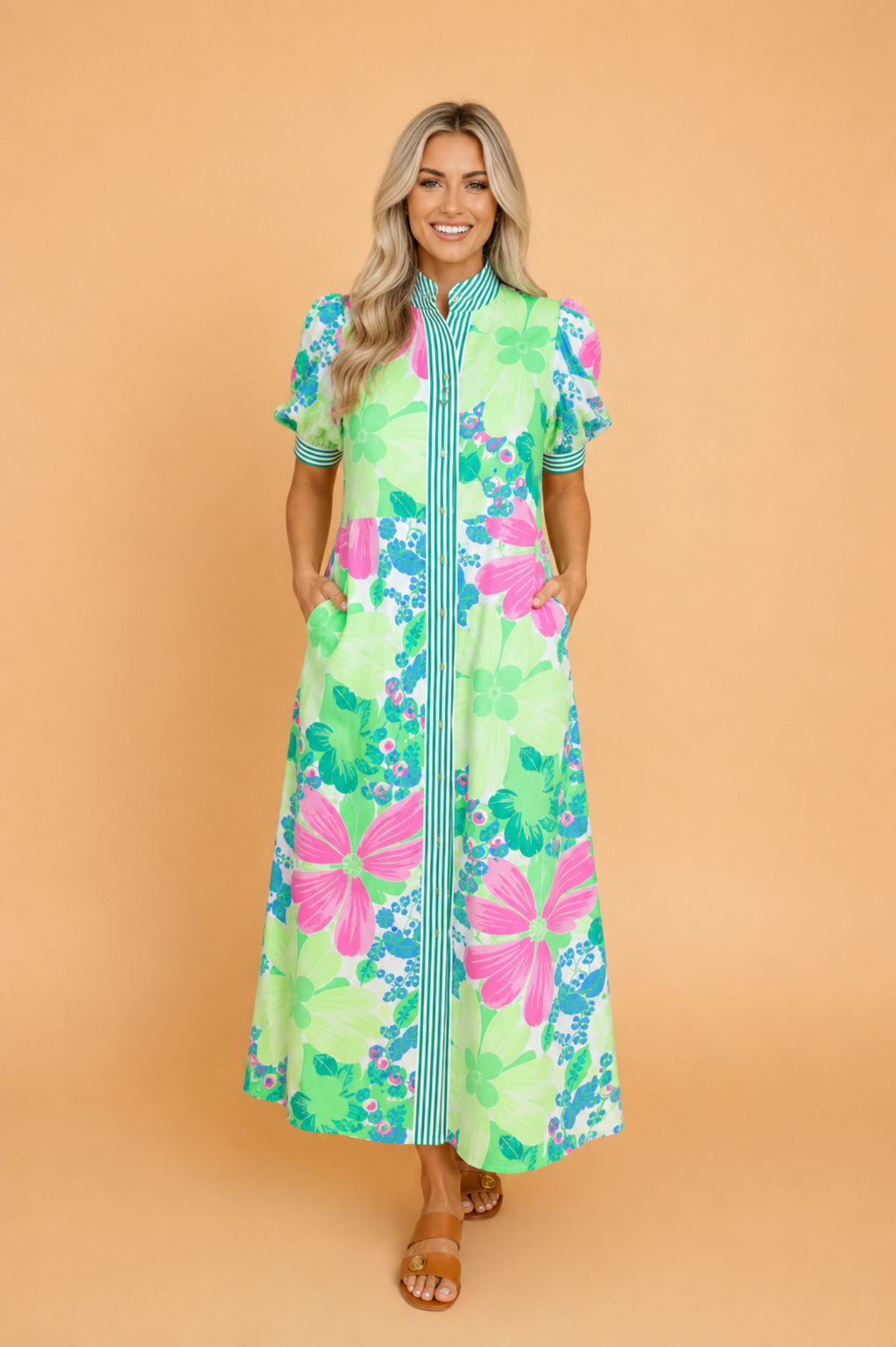 Floral Stripe Trim Button Down Vacation Dress