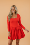 Solid Scoop Neck Long Sleeve Mini Dress