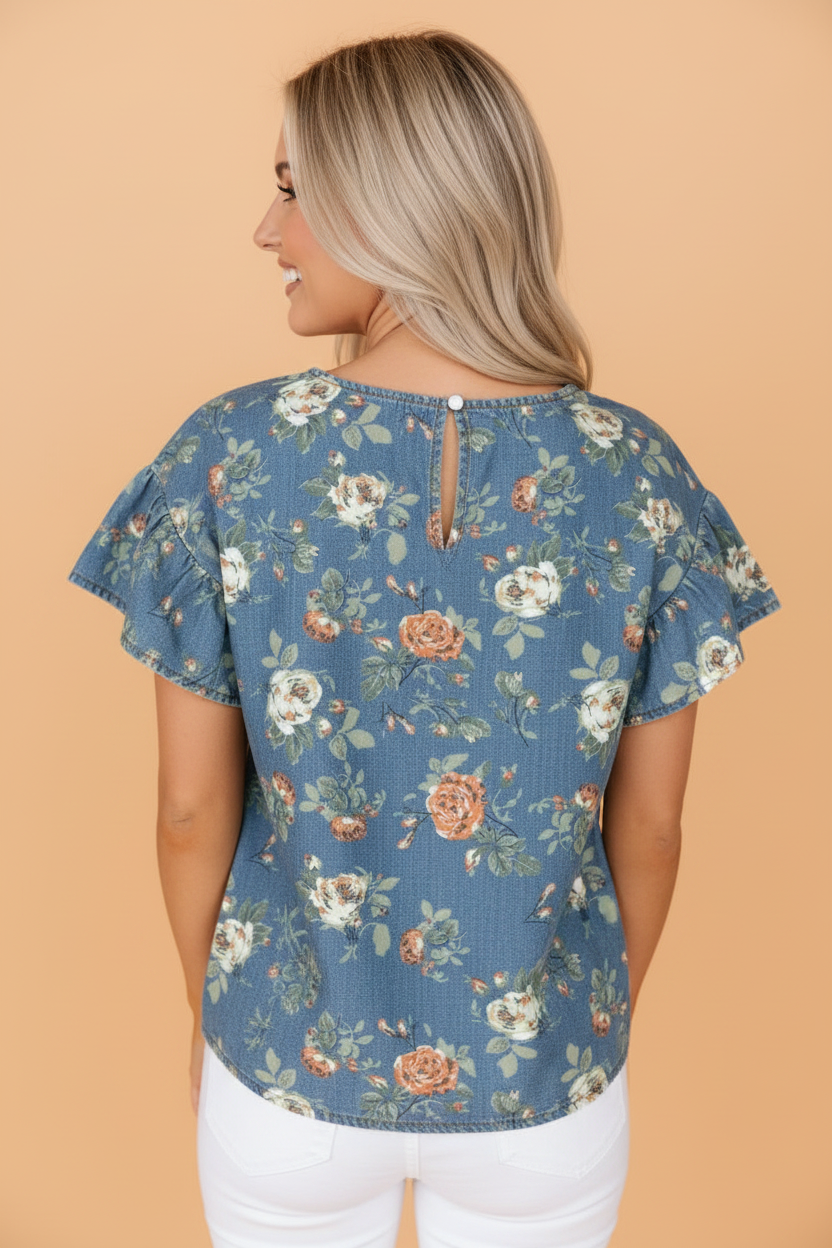 Floral Denim Ruffle Short Sleeve Top