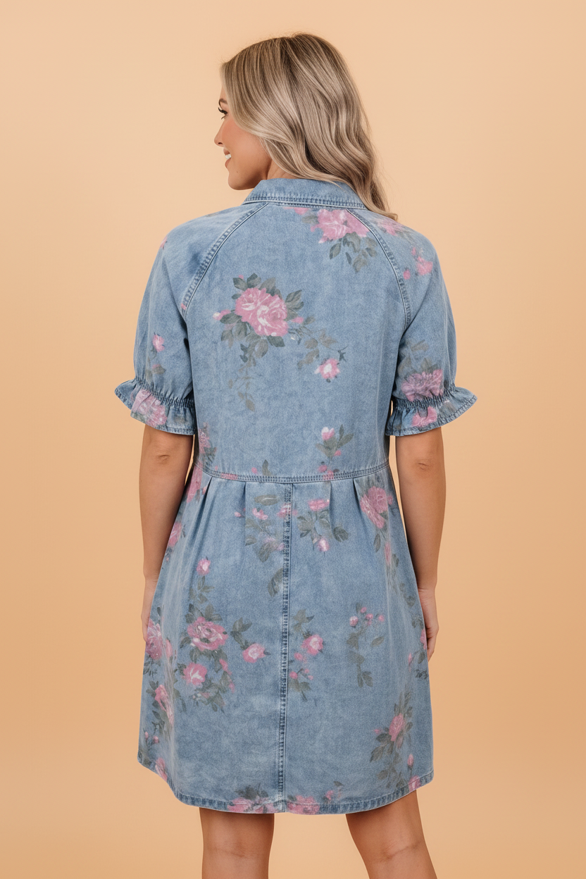 Floral Denim Short Sleeve Button Down Dress