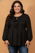 Plus Size Solid Bow Tie Front Long Sleeve Blouse