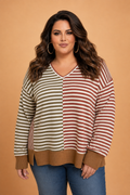 Plus Size Stripe V-Neck Reverse Seam Long Sleeve Blouse