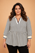 Plus Size Stripe Patchwork Collared V-Neck Peplum Blouse