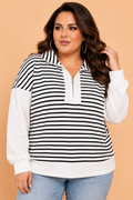 Plus Size Stripe Colorblock Zip Up V-Neck Long Sleeve Blouse