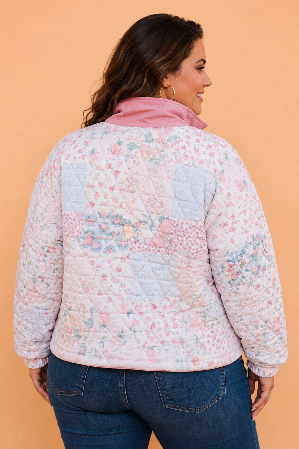 Plus Size Floral Quilted Snap Button Collar Sweatshirt