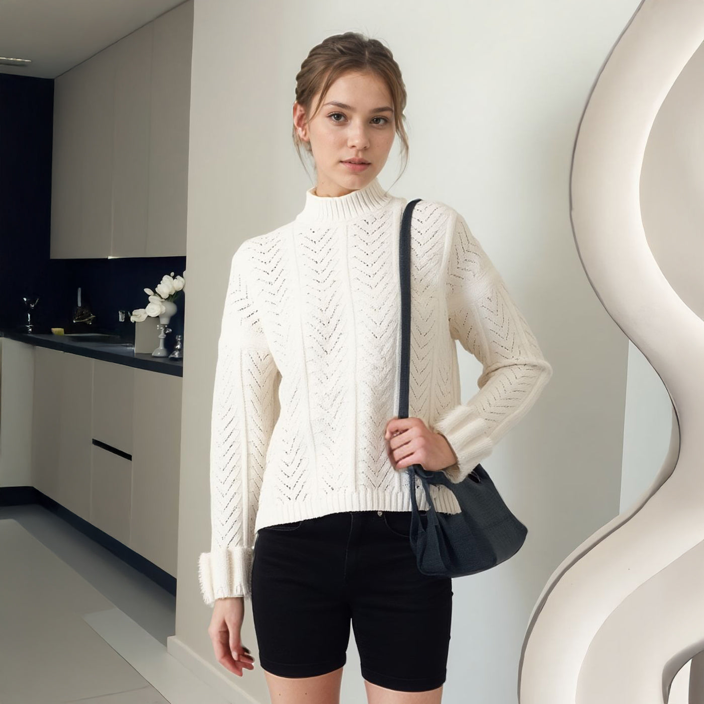 Women's Turtle Neck Fringe Sweater in Natural