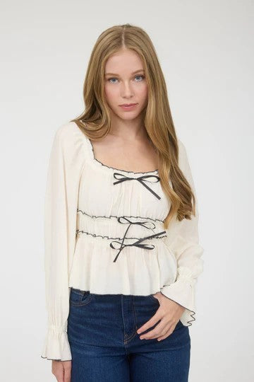 CONTRAST BOW RUFFLED LONG SLEEVE BLOUSE (Cream)