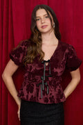 Blu Pepper SATIN VELVET FLORAL FRONT TIE PUFF SLEEVE BLOUSE (Bugundy)