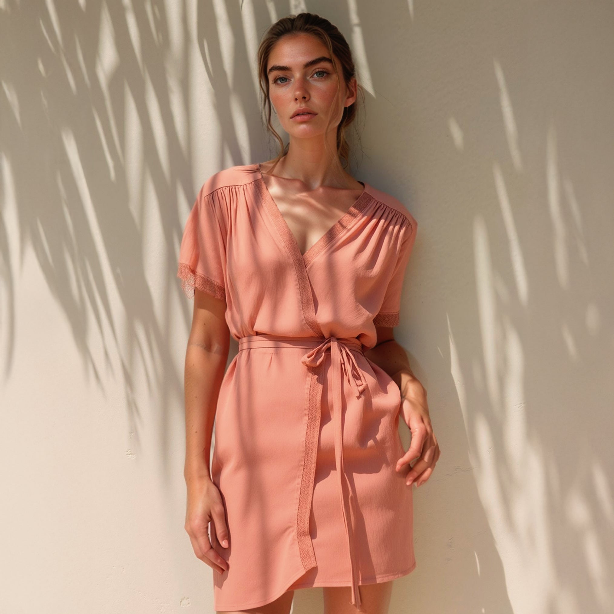 Women's Lace Trim Wrap Dress in Coral