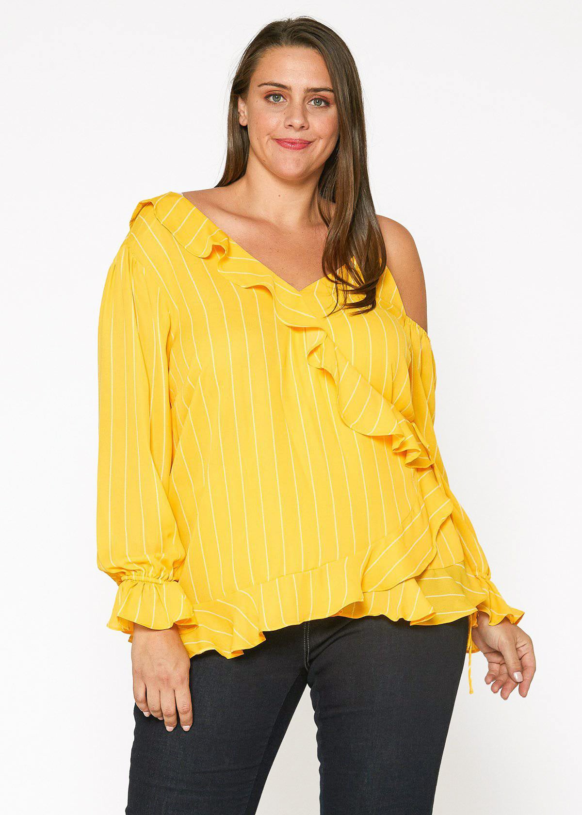 Women's Plus Size Asymmetrical Shoulder Ruffle Blouse