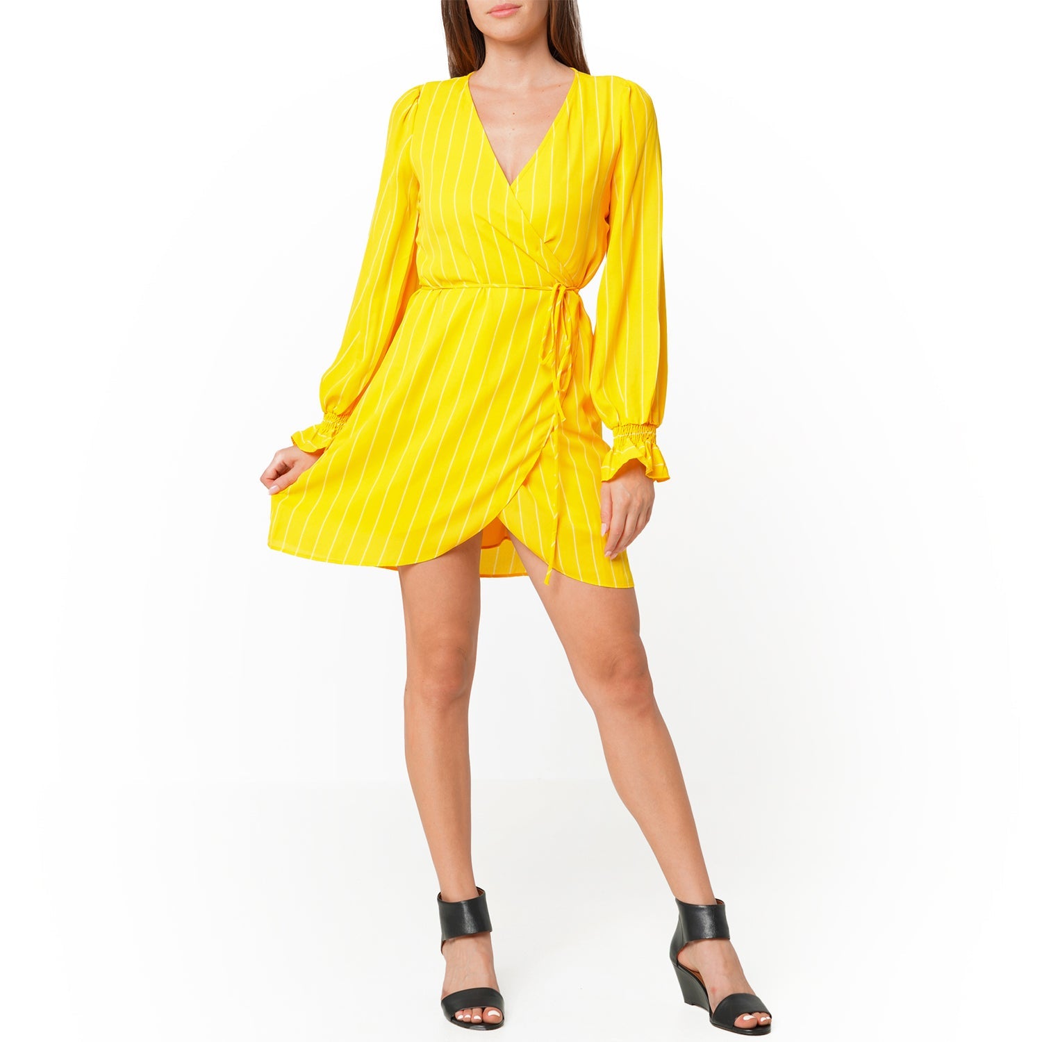 Women's Smocked Bell Sleeve Wrap Dress in Yellow