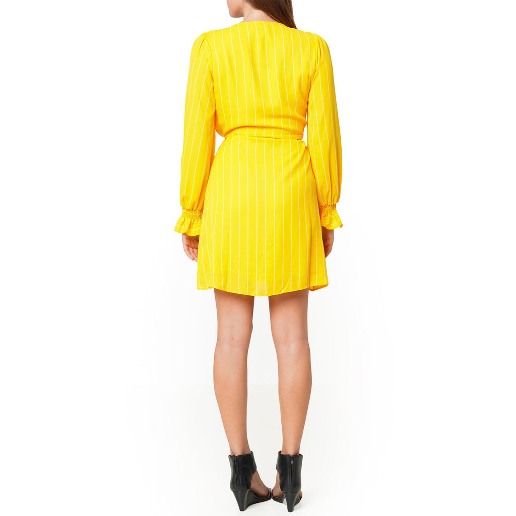 Women's Smocked Bell Sleeve Wrap Dress in Yellow