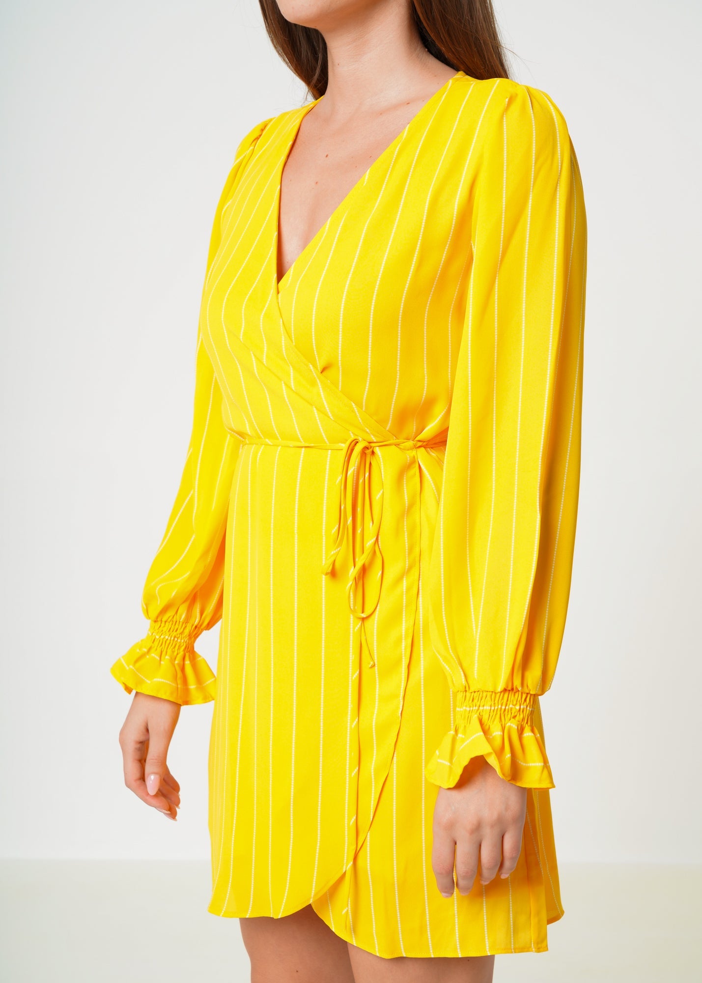 Women's Smocked Bell Sleeve Wrap Dress in Yellow
