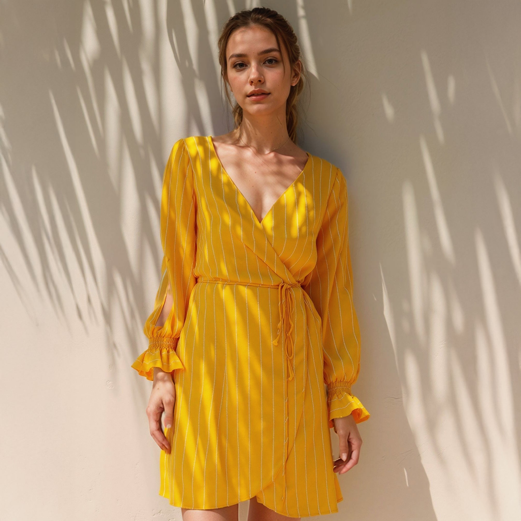 Women's Smocked Bell Sleeve Wrap Dress in Yellow