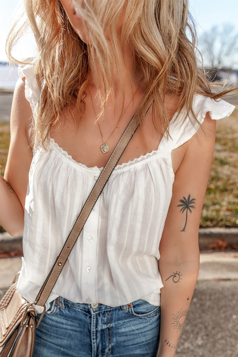 Lace Crochet Ruffle Buttoned Tank Top