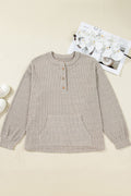 Plus Size Ribbed Knit Kangaroo Pocket Henley Top