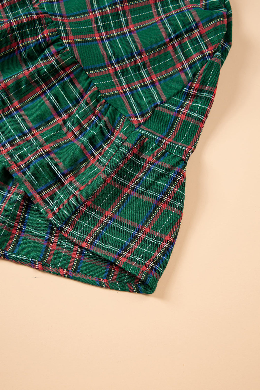 Plaid Shirred Scoop Neck Short Sleeve Mini Dress