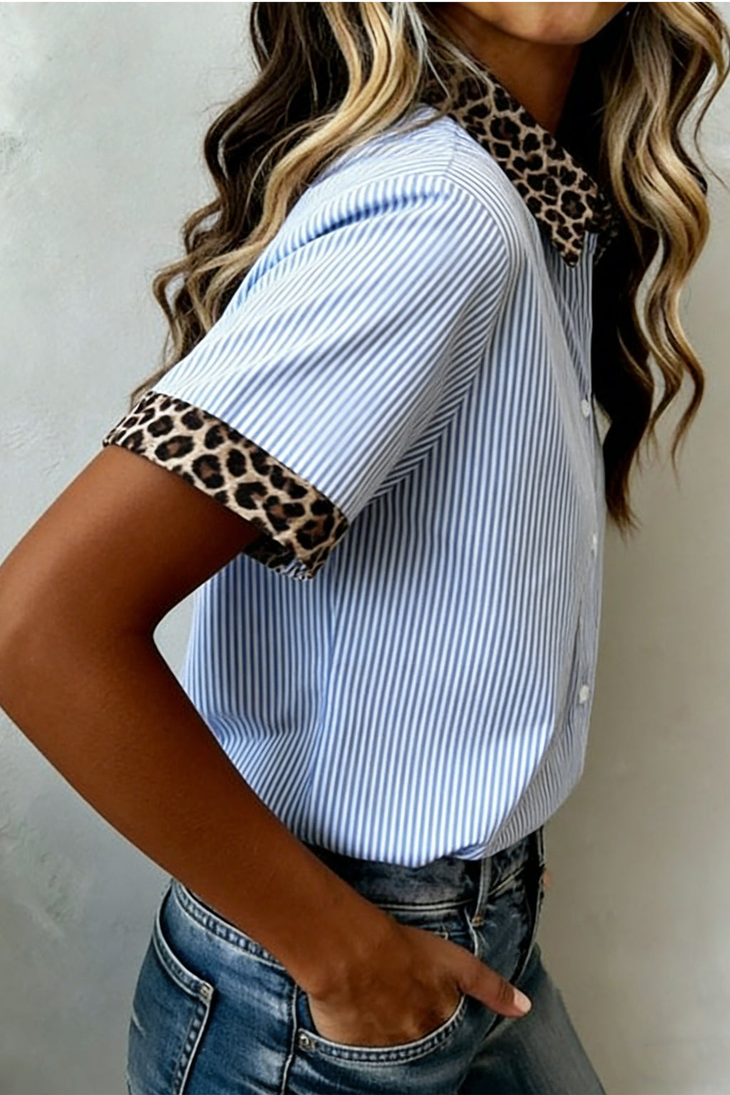 Stripe Leopard Contrast Collar Short Sleeve Shirt