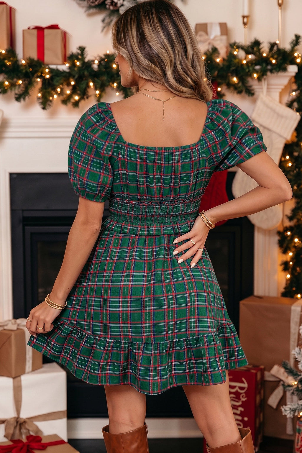 Plaid Shirred Scoop Neck Short Sleeve Mini Dress