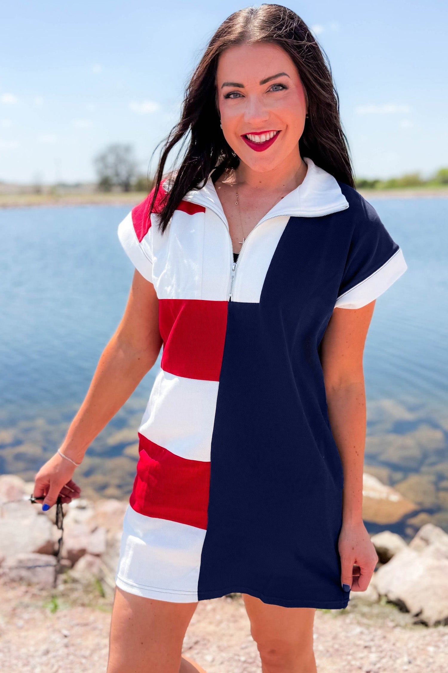Americana Colorblock Stripe Zip Collar Mini Dress