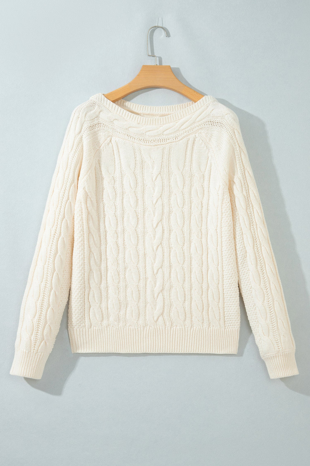Solid Cable Knit Round Neck Long Sleeve Sweater