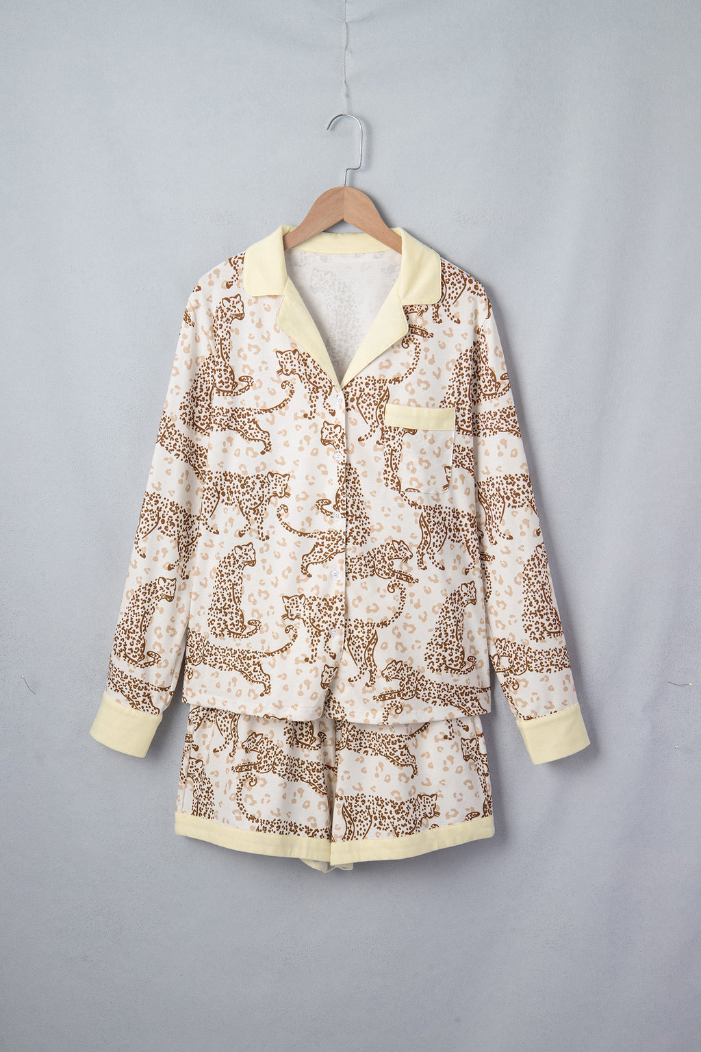 Leopard Pocket Placket Long Sleeve Top and Lounge Bottom Set