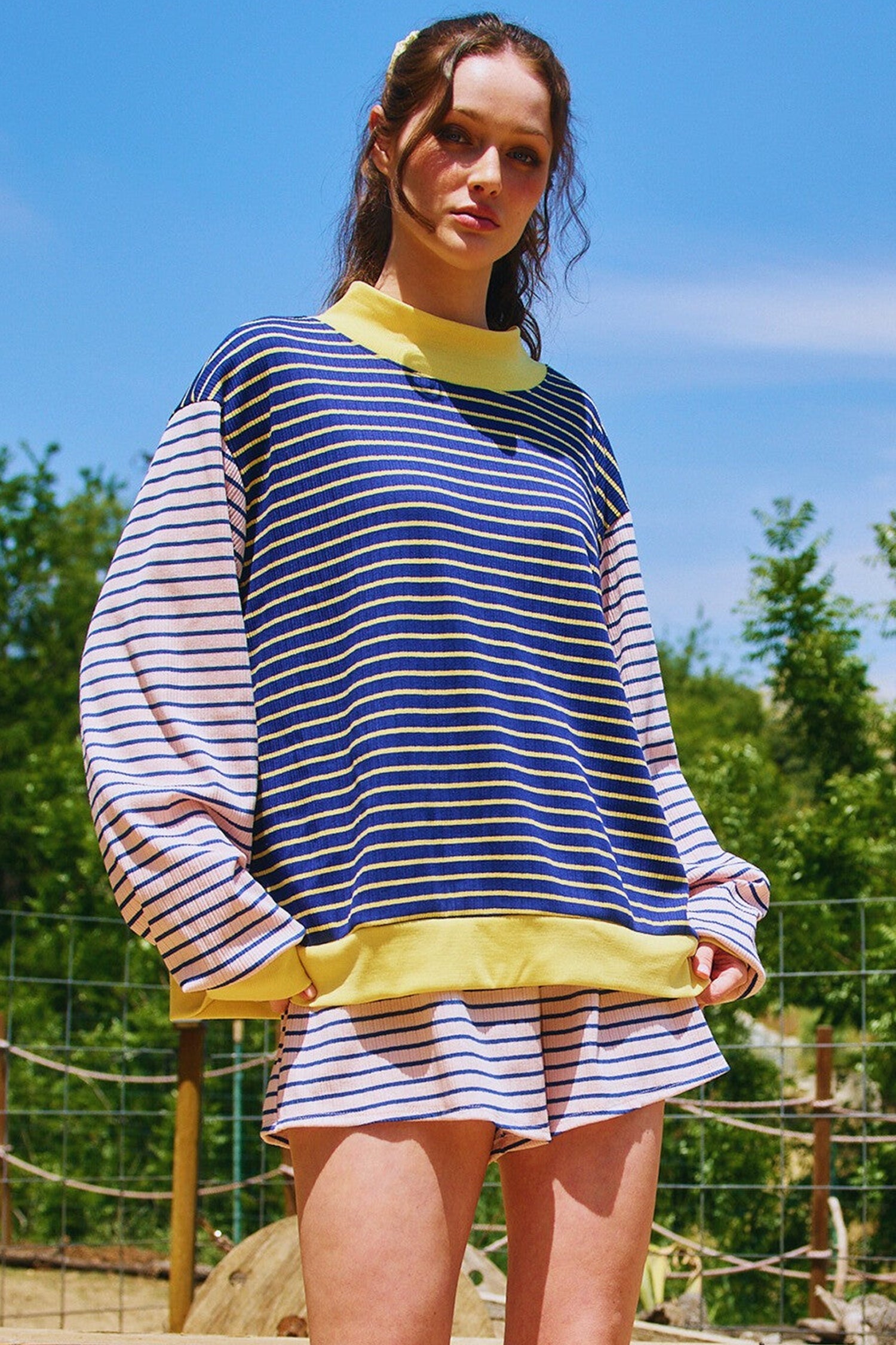 Stripe Colorblock Long Sleeve Crewneck Pullover Top
